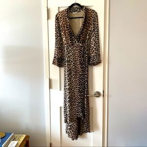 GANNI leopard print midi wrap dress with sheer sleeves sz DK 38